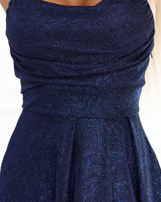 Langes Kleid mit dezentem Schimmer und Korsett-Rückenband – Marineblau mit Glitzer by numoco