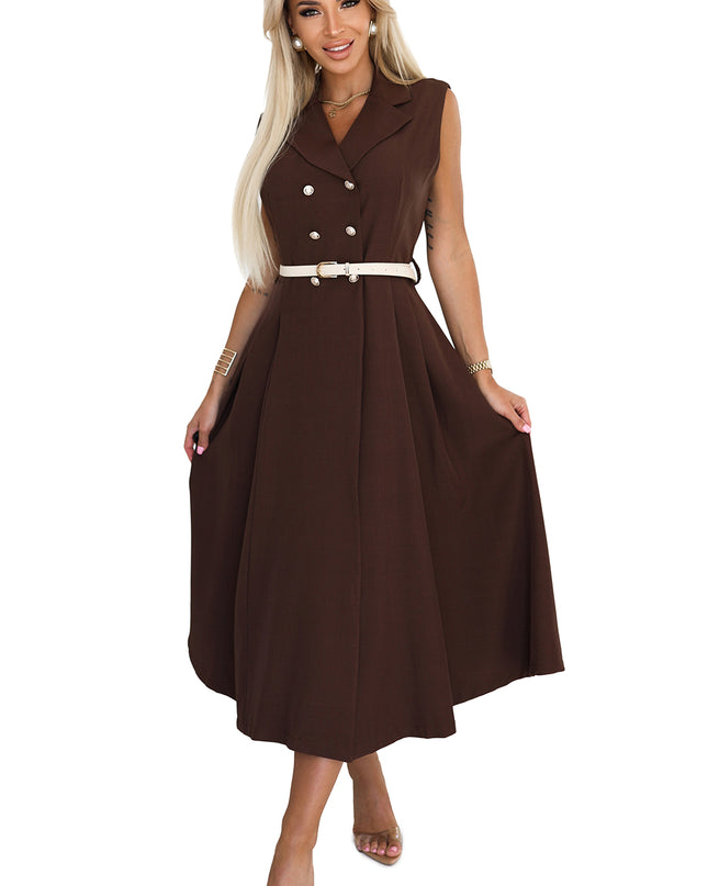 20678-8-Elegantes Midi-Hemdblusenkleid mit goldenen Knöpfen und Gürtel - Schokolade-8