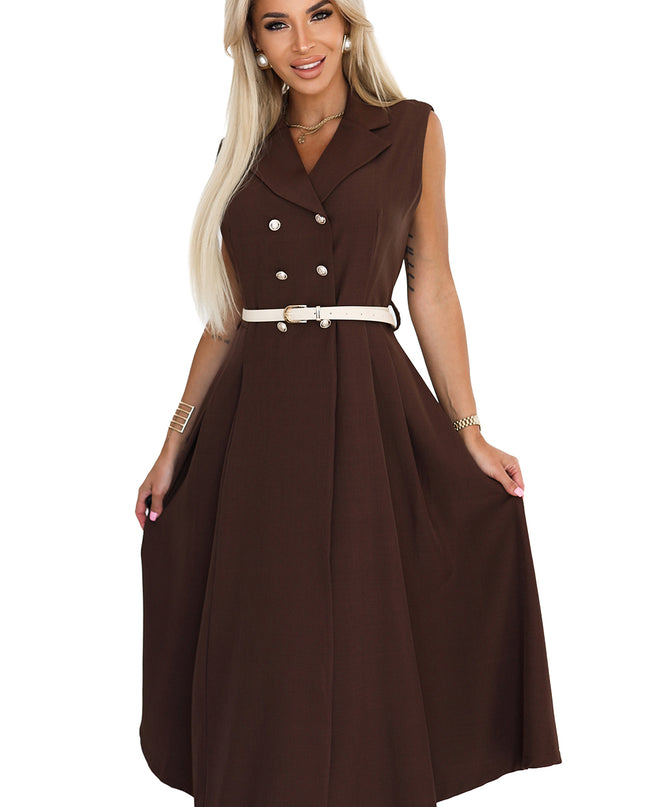 20678-7-Elegantes Midi-Hemdblusenkleid mit goldenen Knöpfen und Gürtel - Schokolade-7