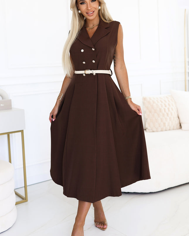 20678-1-Elegantes Midi-Hemdblusenkleid mit goldenen Knöpfen und Gürtel - Schokolade-1