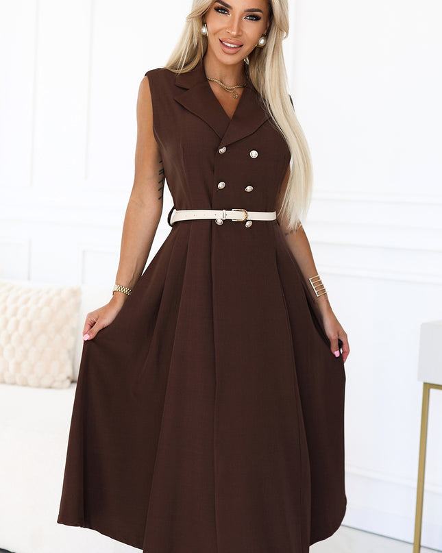 20678-4-Elegantes Midi-Hemdblusenkleid mit goldenen Knöpfen und Gürtel - Schokolade-4