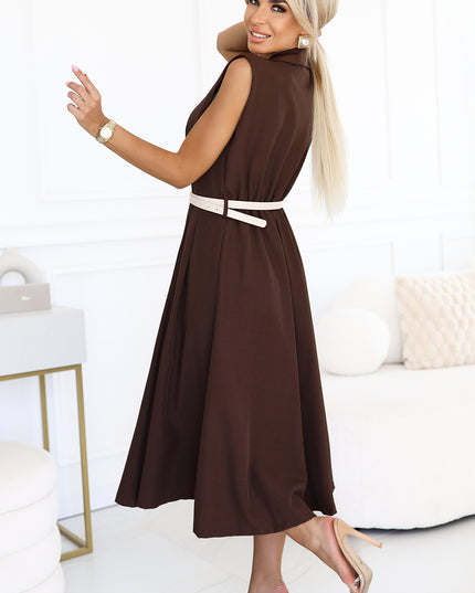 20678-3-Elegantes Midi-Hemdblusenkleid mit goldenen Knöpfen und Gürtel - Schokolade-3