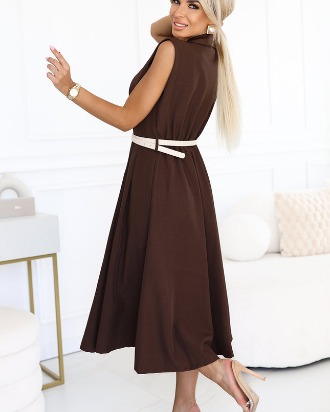 20678-3-Elegantes Midi-Hemdblusenkleid mit goldenen Knöpfen und Gürtel - Schokolade-3