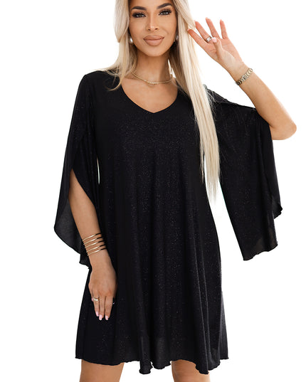20251-6-LIVIA Elegantes Trapezkleid mit Schmetterlingsärmeln - Schwarz mit Glitzer-6