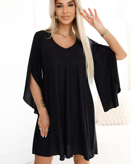 20251-1-LIVIA Elegantes Trapezkleid mit Schmetterlingsärmeln - Schwarz mit Glitzer-1