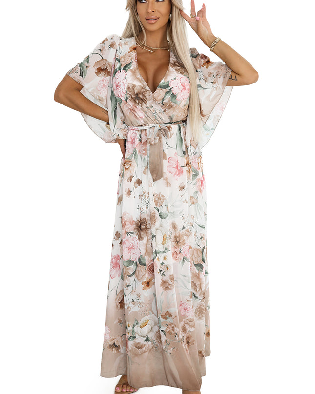 20414-7-Luftiges Wickel-Maxikleid mit Blumenmuster – Beige Rosen-7
