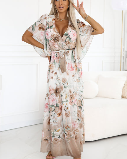 20414-1-Luftiges Wickel-Maxikleid mit Blumenmuster – Beige Rosen-1