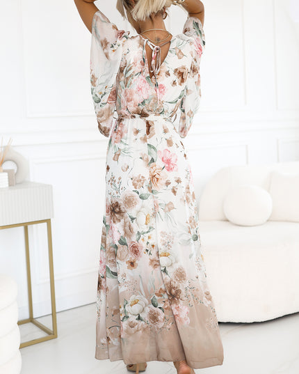 20414-3-Luftiges Wickel-Maxikleid mit Blumenmuster – Beige Rosen-3