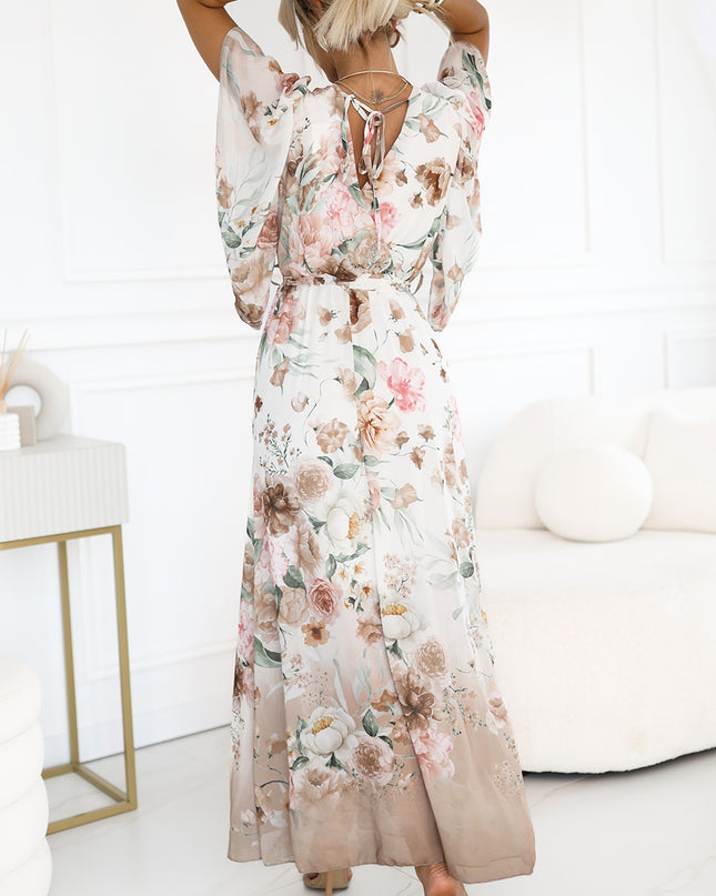 20414-3-Luftiges Wickel-Maxikleid mit Blumenmuster – Beige Rosen-3
