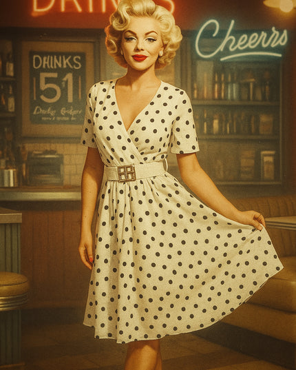 20809-5-Sinnliches schwarzes Polka Dot Kleid mit Wickelausschnitt und dekorativem Gürtel - weiß-5