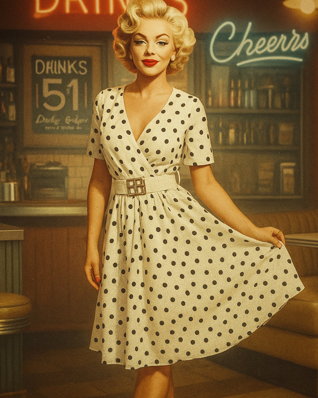 20809-5-Sinnliches schwarzes Polka Dot Kleid mit Wickelausschnitt und dekorativem Gürtel - weiß-5