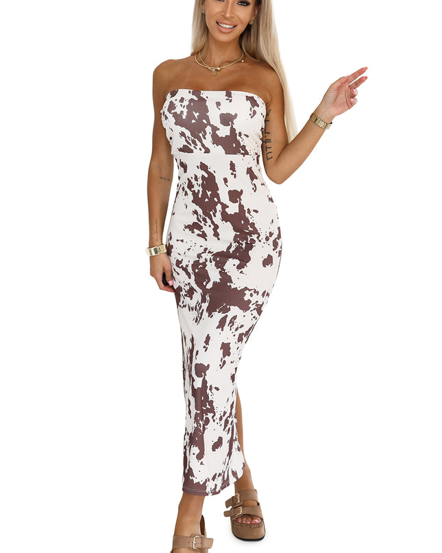20555-8-SAVANNAH trägerloses, tailliertes Kleid mit braun-weißem Boho-Muster-8
