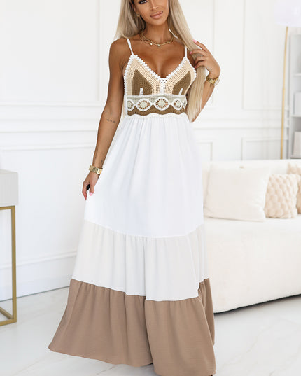 20556-6-Langes beige-weißes trägerloses Kleid mit Häkeloberteil – Boho-6