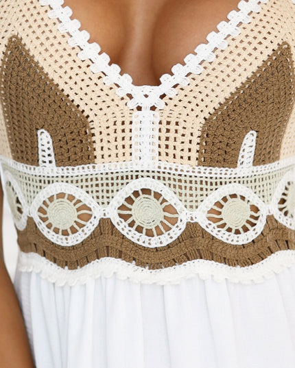 20556-9-Langes beige-weißes trägerloses Kleid mit Häkeloberteil – Boho-9