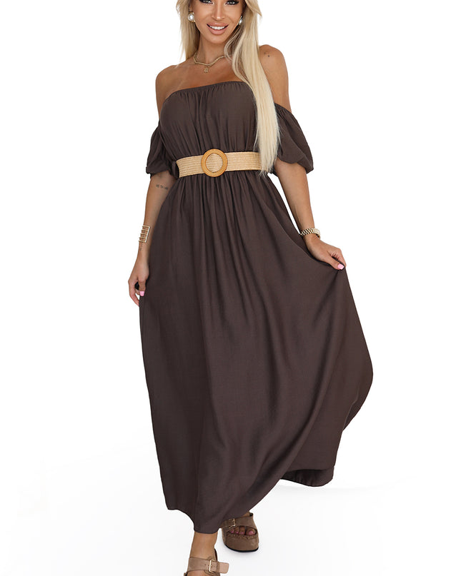 20644-8-Boho Maxikleid mit schulterfreien Trägern - Schokolade-8