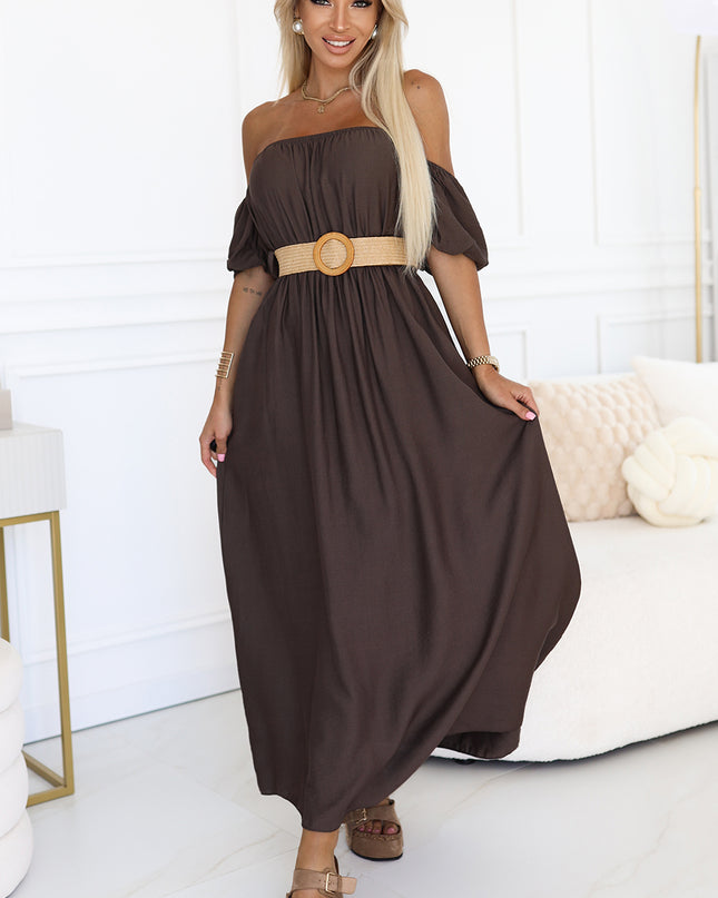 20644-2-Boho Maxikleid mit schulterfreien Trägern - Schokolade-2