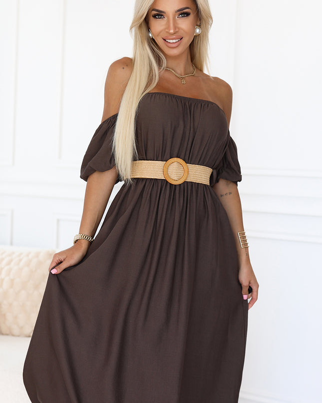 20644-4-Boho Maxikleid mit schulterfreien Trägern - Schokolade-4
