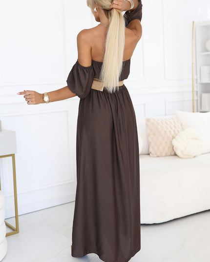 20644-3-Boho Maxikleid mit schulterfreien Trägern - Schokolade-3