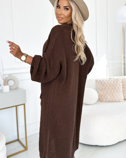 20737-3-Strickjacke - langer Pulloverumhang mit Taschen - Schokoladenfarbe-3
